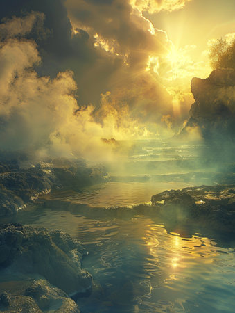 Golden light bathes a rocky shore at sunset, casting a magical glow over the tranquil waters.の素材