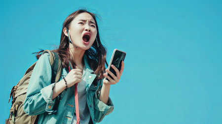 A young woman, wearing a backpack and denim jacket, shouts into her cell phone while standing outside on a sunny day.の素材