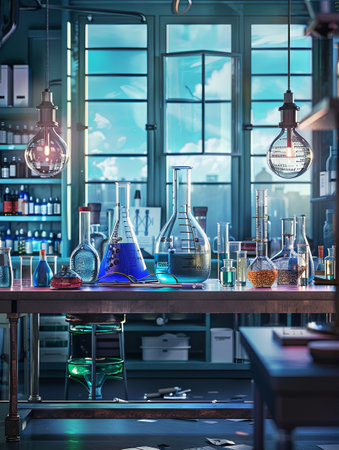 Photo of lab table with colorful solutions in beakers and flasks, surrounded by large windows with city view in background.の素材