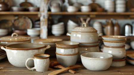A collection of white and brown ceramic kitchenware, including bowls, mugs, and a large pot, arranged on a wooden table. The items are arranged in a visually appealing display.の素材