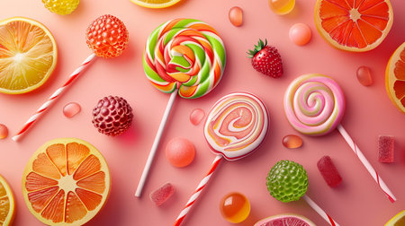 A flat lay image of various candies, fruits, and gummies arranged on a pink background. The colorful assortment includes lollipops, orange slices, and strawberries.の素材