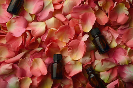 A close-up image of several small, dark glass bottles of essential oil lying amongst pink and white rose petals.の素材
