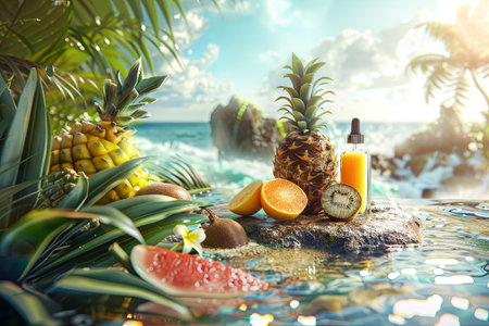A still life photo of a pineapple, orange slices, kiwi, and a glass bottle with a dropper on a beach rock with ocean waves in the background.の素材