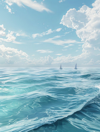 Two sailboats on a calm ocean under a bright blue sky with puffy white clouds.の素材