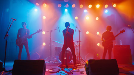 A rock band performs on stage under colorful spotlights, with a lead singer in the center and two guitarists on either side.の素材
