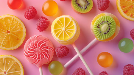 A flat lay image of assorted candies and lollipops on a pink background, featuring fruit-shaped candies, lollipops, and gummies.の素材