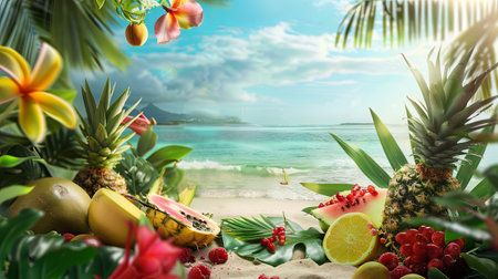 A variety of tropical fruits are arranged on a sandy beach, with a lush tropical background and ocean view.の素材