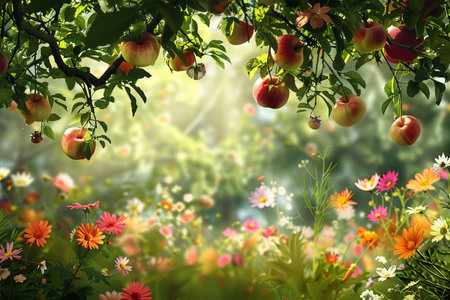 Red apples hang from the branches of a tree above a field of wildflowers in the summertime.の素材