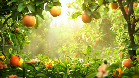 A lush orchard with ripe fruit hanging from branches, bathed in soft, warm sunlight. Blooming flowers add pops of color to the scene.の素材