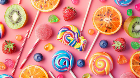 Close-up shot of colorful lollipops, fresh fruit, and candy on a pink background.の素材
