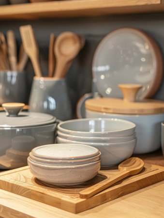 A close-up of a stacked set of gray ceramic bowls on a wooden cutting board, with other kitchen items in the background.の素材