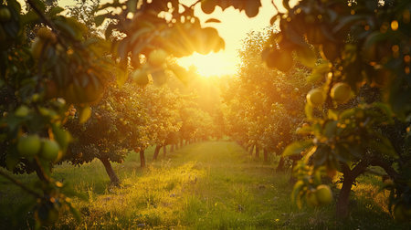 A view down a pathway in an orchard with fruit trees and golden hour sunlight shining through the branches.の素材