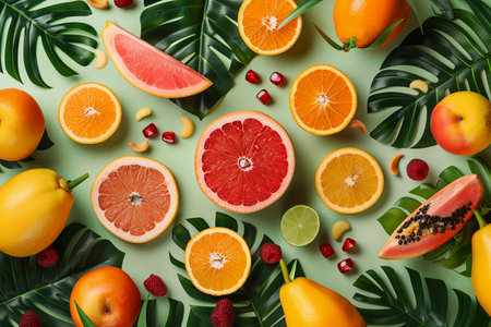 Fresh and colorful tropical fruit collection on a green background with leaves - grapefruit, orange, papaya, and mango - perfect for representing the tropics.の素材