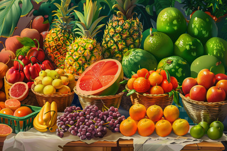 A colorful still life featuring various fruits arranged on a wooden table.の素材