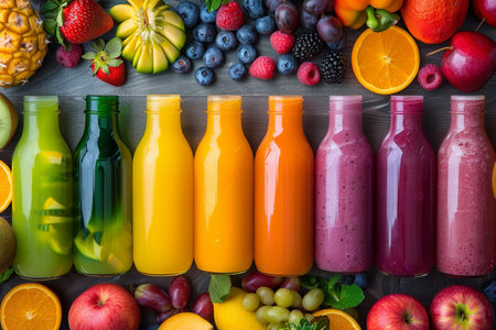 A close-up of eight colorful, freshly made smoothies in glass bottles, arranged in a row on a wooden table surrounded by fresh fruits and vegetables.の素材