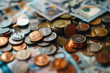 A close-up view of a pile of various coins and paper money scattered on a surface.の素材