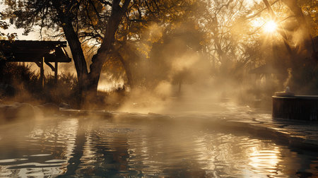 A serene hot spring pool with rising steam and a golden sunrise casting warm light through the trees.の素材