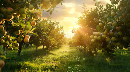 A picturesque view of a lush apple orchard bathed in the warm glow of the setting sun.の素材