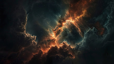 An artistic depiction of cosmic clouds, swirling in a nebula with vibrant orange and green hues.の素材