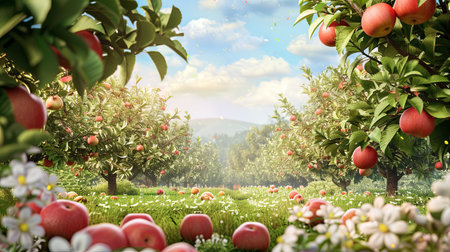 A vibrant apple orchard with green leaves, ripe red apples, and white flowers on a sunny day. The image captures the beauty of nature and the bounty of the harvest season.の素材