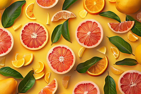 A flat lay of fresh citrus fruits, including oranges, grapefruits, and lemons, with green leaves on a yellow background.の素材