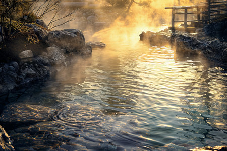 A tranquil scene of a natural hot spring in Japan, with morning mist rising from the warm water, creating a serene and peaceful atmosphere.の素材