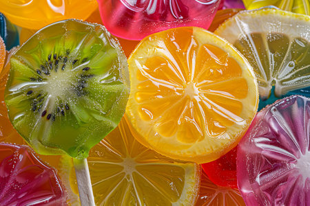Close-up of hard candies, featuring kiwi, lemon, and other fruit flavors.の素材