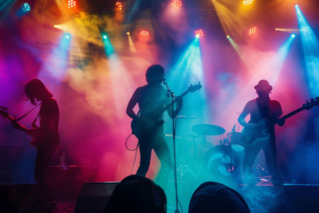 A rock band performs on stage, bathed in colorful spotlights, with the lead guitarist and vocalist in the foreground.の素材