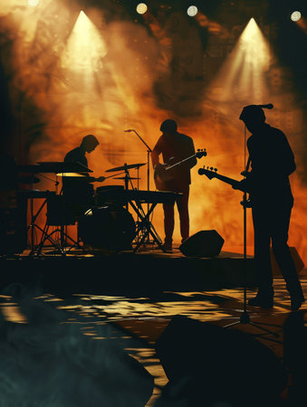 A silhouette of a band performing on stage, illuminated by spotlights against a smoky backdrop.の素材