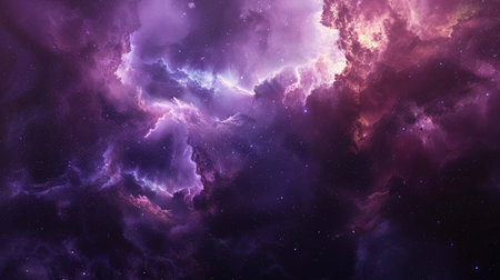 A close-up of a vast, colorful nebula with swirling clouds of purple and pink gas and scattered stars.の素材