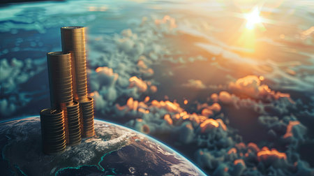 A tall, futuristic skyscraper made of stacked gold coins rises above the Earth, with a vibrant sunset in the background.の素材