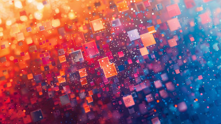 An abstract background with colorful squares and sparkling lights, creating a sense of depth and movement.の素材