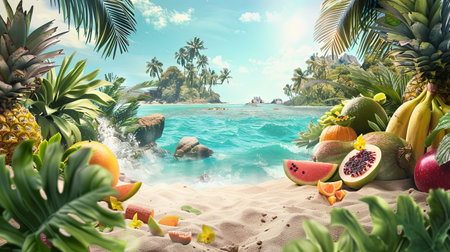 Tropical fruits on a sandy beach, turquoise water with waves, palm trees and lush foliage create a relaxing paradise scene.の素材