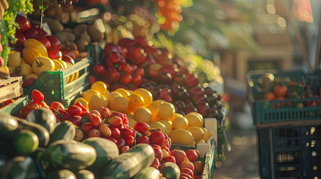 A vibrant display of fresh produce sits on a stall at an outdoor market, bathed in warm sunlight.の素材