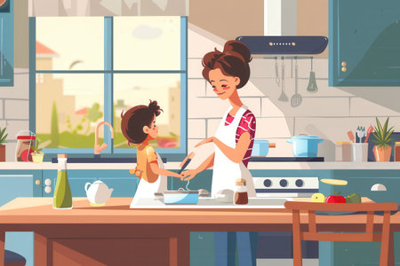 A mother and child are cooking together in their kitchen. The child is standing in a high chair, watching as his mother stirs a pot on the stove.の素材