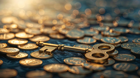 A single golden key rests on a bed of golden coins, with a soft, golden light highlighting the scene.の素材