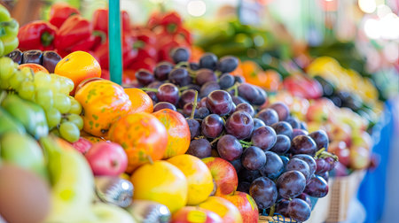 A close-up view of a vibrant fruit and vegetable display at a local market, showing ripe red peppers, yellow peaches, green grapes, and bunches of dark purple grapes.の素材