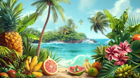 A picturesque scene of a tropical beach with lush palm trees, vibrant flowers, and a bounty of fresh fruit.の素材