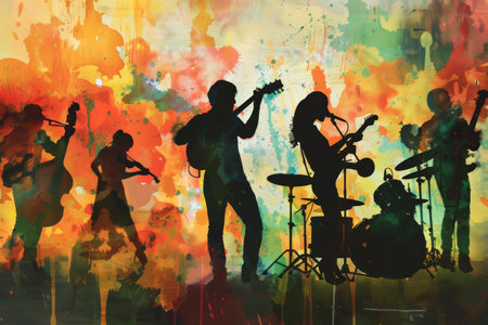 A colorful watercolor painting depicting a five-piece band playing on stage, with their silhouettes standing out against the vibrant background.の素材