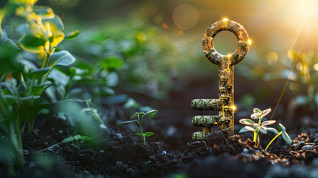 A golden key emerges from the soil with green plants growing nearby, bathed in the warm light of a setting sun.の素材
