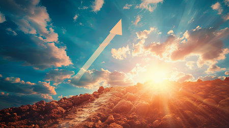 A white arrow rises above a rocky landscape as the sun sets behind the clouds.の素材