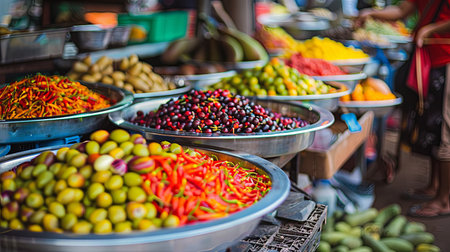 A close-up view of bowls brimming with fresh produce, like peppers, olives, berries, and more, at an outdoor market.の素材