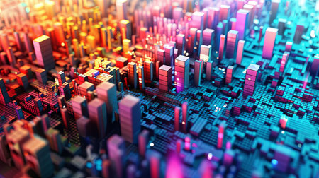 An abstract 3D render of a colorful cityscape with a focus on texture and form.の素材