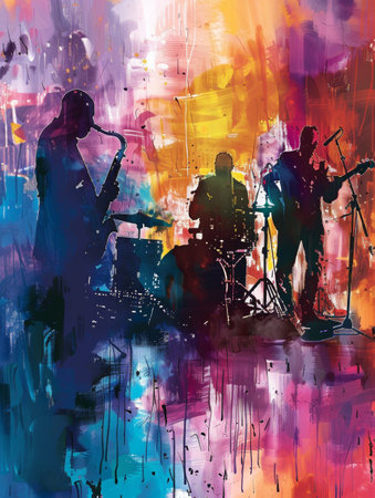 Vibrant abstract painting of a live band, dominated by blues, pinks, and oranges. Musicians are silhouetted, emphasizing their music and performance.の素材