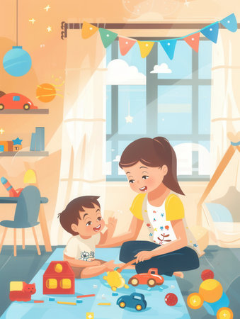 A mother and child play together on the kitchen floor surrounded by colorful toys.の素材