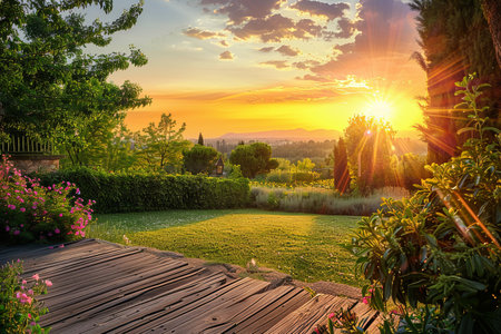 A picturesque sunset view from a wooden deck in an Italian garden.の素材