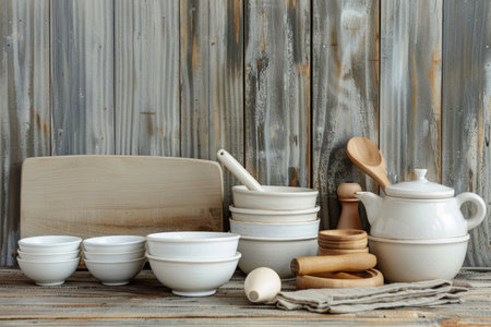 A collection of white ceramic bowls, wooden utensils, and a teapot arranged on a rustic wooden background.の素材