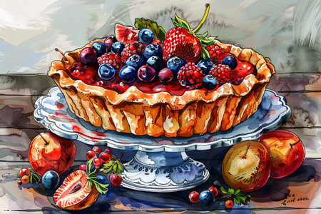 A watercolor painting depicts a delicious berry tart on a blue cake stand, surrounded by fresh fruit.の素材