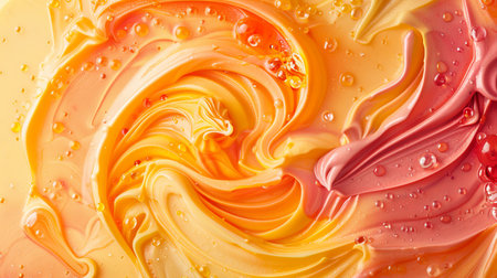 Close-up photograph of a swirling texture of yellow and pink paint with visible bubbles, creating an abstract background.の素材
