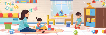 A mother and her child enjoy a playful afternoon in their bright kitchen.の素材